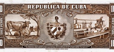 Cows, milk bottling factory Portrait from Cuba 10 Pesos 1960 Banknotes. clipart