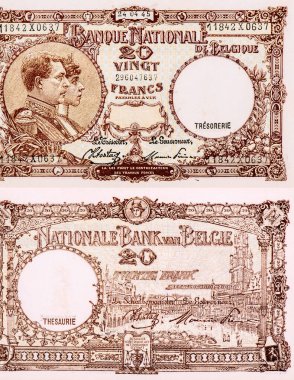 Kral I. Albert ve Kraliçe Elisabeth. Belçika 'dan Portre 20 Frank 1944 Banknotları.