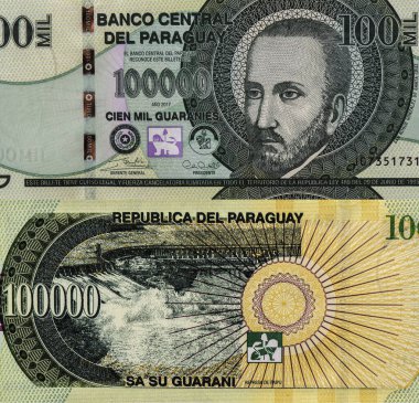 San Roque Gonzalez de Santa Cruz Portresi Paraguay 'dan 100.000 Guaranies 2015 Banknotları.