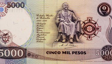 Miguel Antonio Caro 'nun heykeli, Kolombiya Portresi 5000 peso 1990 Banknotları.