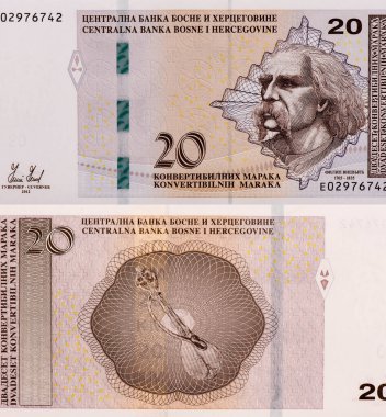 Sırp destansı şair ve şair Filip Visnjiç (1767-1834). Bosna-Hersek 'ten 20 Üstü açılabilir İşaretli 2008 Banknotları.