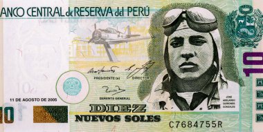Peruvian military aviator and national aviation hero Jose Abelardo Quinones Gonzales; Portrait from Peru 10 Nuevos Soles 2005 Banknotes.  clipart