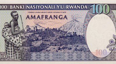 Ruandalı anne bebeğini sırtında taşıyor. Volkan Ulusal Parkı (Parc National des Volcans). Bisoke Dağı ve Karisimbi Dağı. Ruanda 'dan Portre 1989 Banknotları 100 Frank
