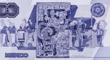 a Maya stone carving from Chiapas, Mayan musicians, Portrait from Mexico 20,000 Pesos 1988 Banknotes. clipart
