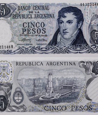 Arjantin 'den General Manuel Belgrano Portresi 5 peso 1974 Banknotları.