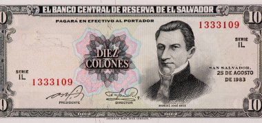 El Salvador 'dan Manuel Jose Arce Portresi 10 Colones 1983 Banknotes.