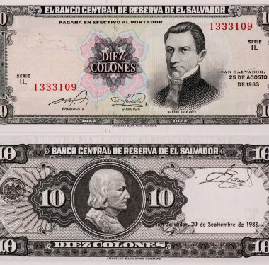 El Salvador 'dan Manuel Jose Arce Portresi 10 Colones 1983 Banknotes.