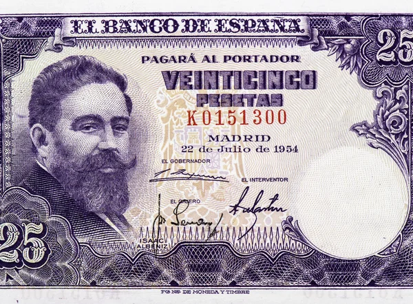 Isaac Albeniz Portret Hiszpanii Pesetas 1954 Banknoty — Zdjęcie stockowe