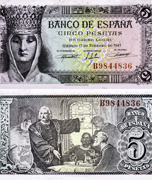 Queen Isabel Catolica Portrait Spain Pesetas 1943 Banknotes — 스톡 사진