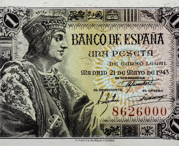 西班牙阿拉贡肖像国王费迪南德二世1 Pesetas 1943钞票 — 图库照片