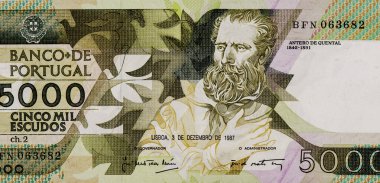 Antero de Quental (1842-1891) - Portekizli düşünür ve şair, Portekiz 'den 5000 Escudos 1987 Banknotes portresi.