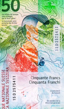 Dağlar İsviçre 'nin çeşitli manzaralarını çağrıştırıyor. İsviçre Alpleri 'nin en büyük dört bin metrelik zirvesi, İsviçre' den Portre 50 Frank 2015 Hibrid Polimer Banknotları.