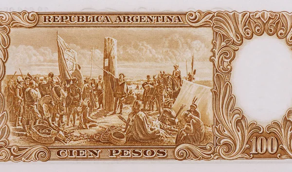 圣马丁将军D Juan Garay的 布宜诺斯艾利斯的创立 阿根廷肖像100比索 1957 1967年钞票 — 图库照片
