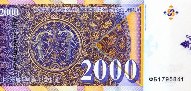 İki tavus kuşu, aynı zamanda cennet kuşu olarak da bilinir. Makedonya 'dan Portre 2000 Denari 2016 Banknotları.