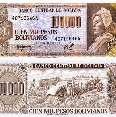 Yerli Bolivyalı köylü. Tarım Reformu: sığır ve traktörle sürme ve hasat sahnesi. Bolivya 'dan Portre 100.000 peso Bolivianos 1984 Banknotları.