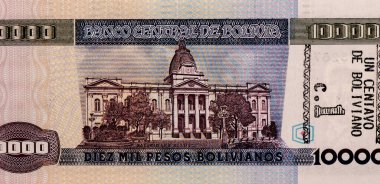 Palacio Legislativo ya da La Paz 'daki Yasama Sarayı binası. Bolivya 'dan Portre 10.000 peso Bolivianos 1987 Banknotlar.