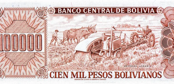 Bolíviai Őslakos Paraszt Portré Bolíviából 100000 Pesos Bolivianos 1984 Bankjegyek — Stock Fotó