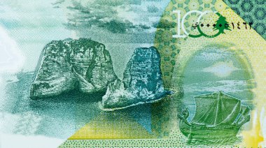 Sedir ağacı, Beyrut 'taki Raouche Corniche' den görülebilen doğal güvercin kayaları. Fenike gemisi, Lübnan Portresi 100.000 Livres 2020 Polymer Banknotes.