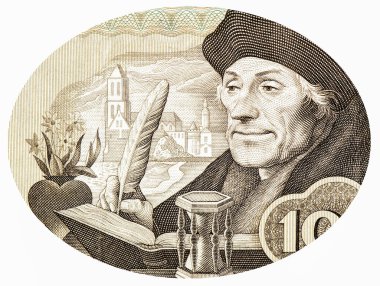 Desiderius Erasmus, Portrait from Netherlands100 Gulden1953 Banknotes. Catholic priest, he was an important figure in classical scholarship who wrote in a pure Latin style.  clipart