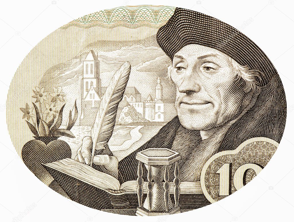 Desiderius Erasmus, Portrait from Netherlands100 Gulden1953 Banknotes. Catholic priest, he was an important figure in classical scholarship who wrote in a pure Latin style. 