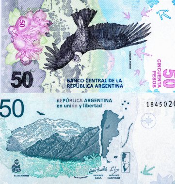 Aconcagua dağı, Arjantin haritası, Emilio Monzo, Arjantin portresi 5008 peso 2018 Banknotlar.