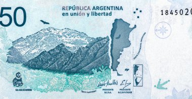 Aconcagua dağı, Arjantin haritası, Emilio Monzo, Arjantin portresi 5008 peso 2018 Banknotlar.
