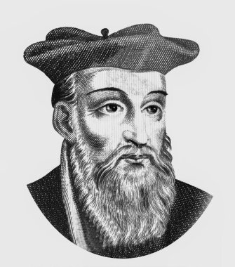 Nostradamus, was a French astrologer, physician and reputed seer, Portrait from Kamberra 100 francos 2020 Fantasy Banknotes. clipart