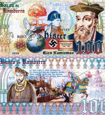 Nostradamus, was a French astrologer, physician and reputed seer, Portrait from Kamberra 100 francos 2020 Fantasy Banknotes. clipart