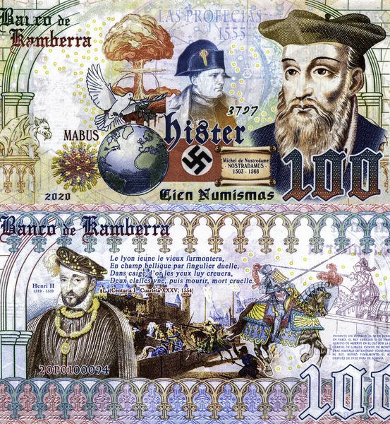 Nostradamus, Fransız bir astrolog, hekim ve ünlü bir kahin, Kamberra 'dan 100 franklık bir portre 2020 Fantezi Banknotları.