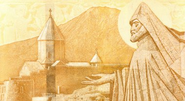Khor Virap manastırı, Dağ Araratı, Aydınlatıcı Aziz Gregory 'nin heykeli, Ermenistan' dan 50000 Dram 2018 Banknotları.