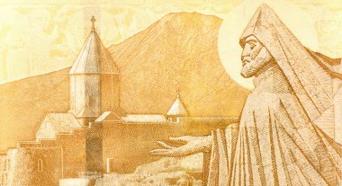 Khor Virap monastery, Mountain Ararat, statue of Saint Gregory the Illuminator, Portrait from Armenia 50000 Dram 2018 Banknotes. clipart