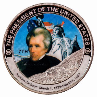 A coin commemorating featuring a portrait of Andrew Jackson. 7th President of the United States. clipart