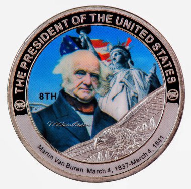 Martin Van Buren 'in portresini içeren bir sikke. Amerika Birleşik Devletleri 8. Başkanı.