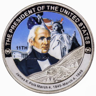 James K. Polk 'un portresini içeren bir sikke. Birleşik Devletler 'in 11. başkanı..
