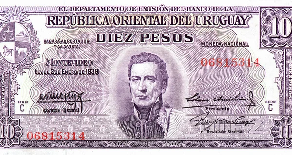 Jose Gervasio Artigas将军 1764 1850 1939 1966年乌拉圭10比索钞票的肖像 — 图库照片
