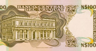 Montevideo 'daki Plaza Independencia' da yer alan Estevez Sarayı (Mimari: Manoel de Castel). Uruguay 'dan Portre 100 peso 1989 Banknotları. 