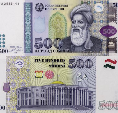 Klasik Tacik edebiyatının kurucusu, Abuabdullokhi Rudaki. Tacikistan 'dan Portre 500 Somoni 2010 Banknotları.