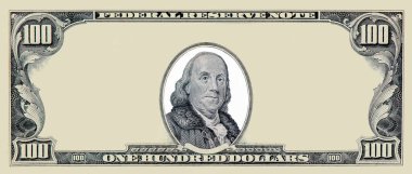 100 dolarlık banknot kalıbını temizle, 100 dolarlık boş orta alan sınırı, 100 dolarlık yüksek detaylı banknot. beyaz arkaplanda.