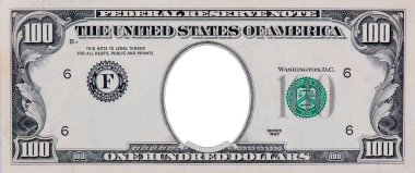 100 dolarlık banknot kalıbını temizle, 100 dolarlık boş orta alan sınırı, 100 dolarlık yüksek detaylı banknot. beyaz arkaplanda.