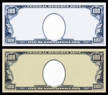 100 dolarlık banknot kalıbını temizle, 100 dolarlık boş orta alan sınırı, 100 dolarlık yüksek detaylı banknot. beyaz arkaplanda.