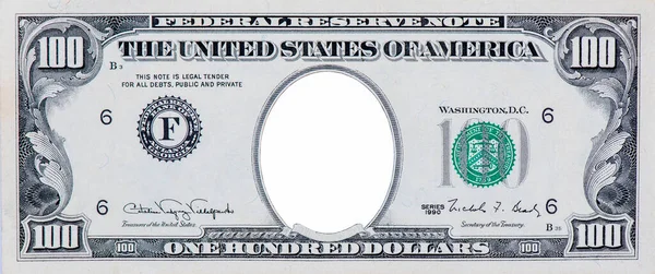 100 dolarlık banknot kalıbını temizle, 100 dolarlık boş orta alan sınırı, 100 dolarlık yüksek detaylı banknot. beyaz arkaplanda.