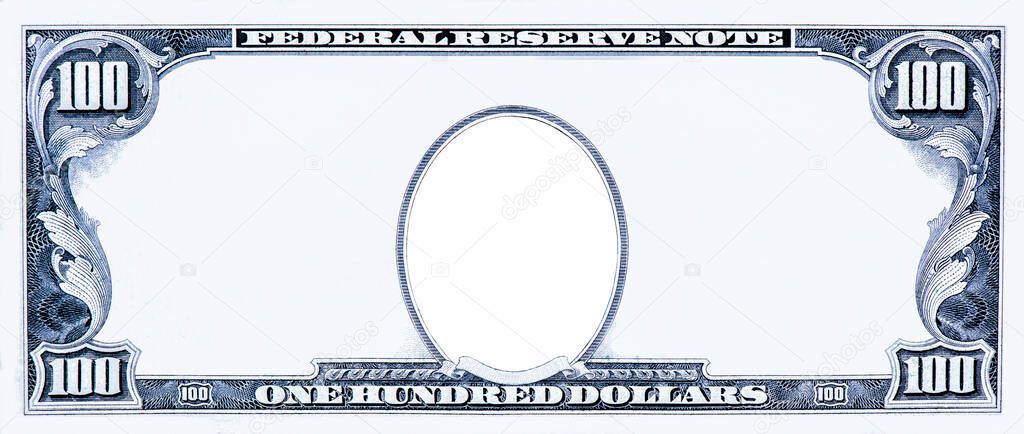 Clear 100 Dollar Banknote pattern, One hundred dollar border with empty middle area, U.S. 100 highly detailed dollar banknote. on a white background.