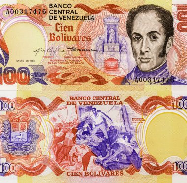 Venezuela 100 Bolvares 1980 notunda Rita Matilde de la Peuela 'nın 1860' da Banknotes 'ta yaptığı resme dayanan Simon Bolivar' ın bir portresi var..