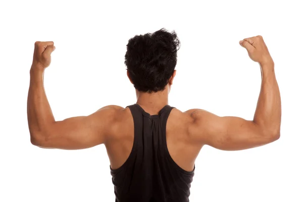 Back of muscular Asian man flexing biceps — Stock Photo, Image