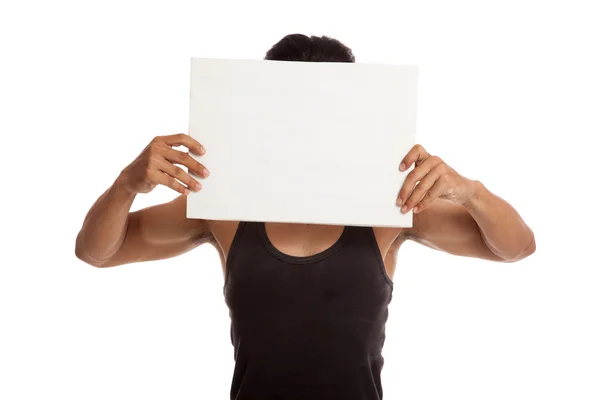 Muscular Asian man with blank sign over  face — Stock Photo, Image