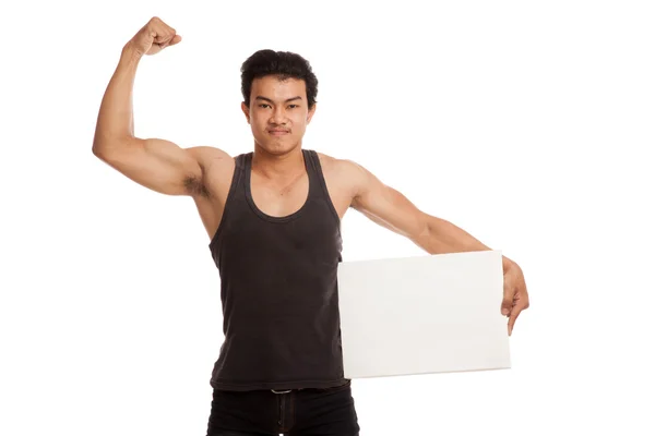 Muskulös asiatiska man muskelbygge biceps med tomma tecken — Stockfoto