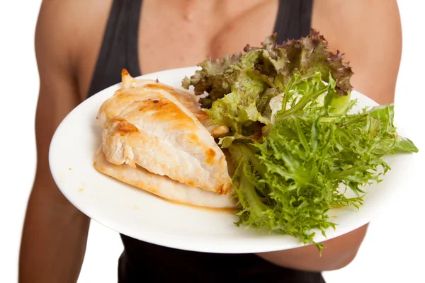 Comida limpia en plato en la mano Muscular Asiática — Foto de Stock