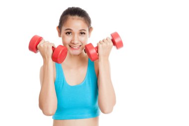 Güzel Asyalı sağlıklı kız egzersiz halter ile