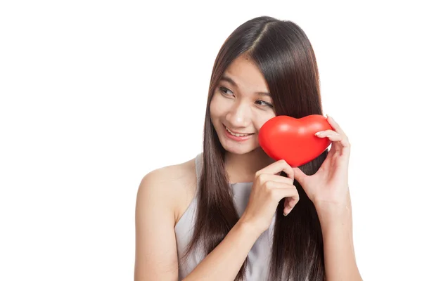 Beautiful young Asian woman smile  with red heart — Stock Photo, Image