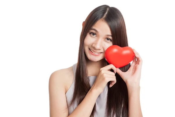 Beautiful young Asian woman smile  with red heart — Stock Photo, Image